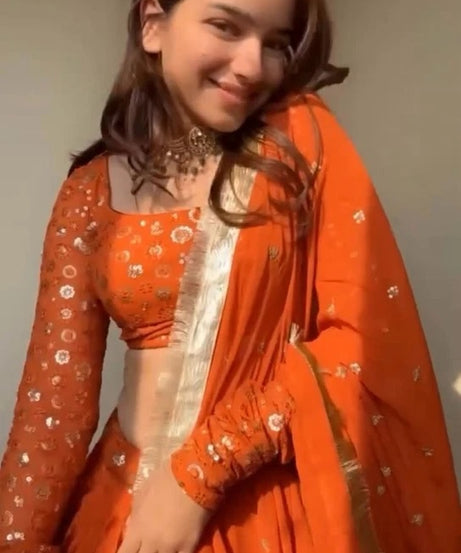 Orange Bollywood Wedding American Silk Lehenga Blouse & Dupatta 15-RTC