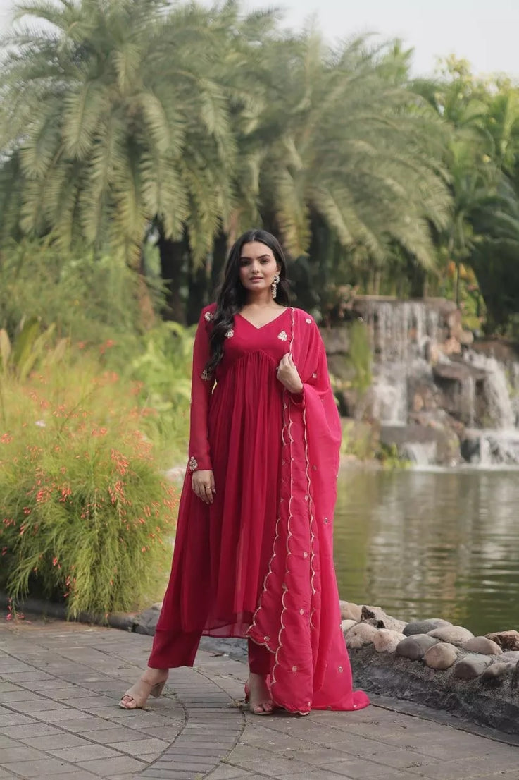 Blooming With Embroidery Work Fancy Top Bottom & Dupatta