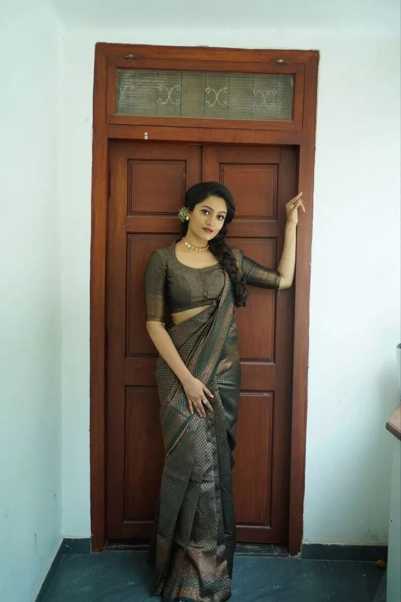 Luxurious Banarasi Silk Saree with Heavy Zari Border Sari & Blouse
