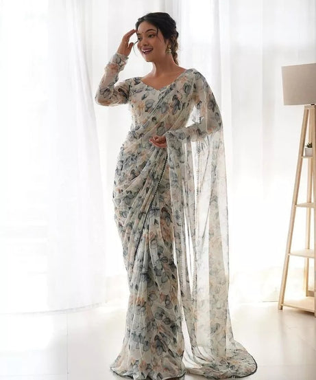 Premium Georgette With Fancy Lace Border Work Read To Wear Sari With Blouse