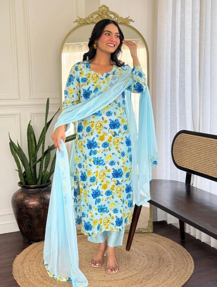 Beautiful Women's Georgette & Print Work Top Bottom & Dupatta Set 12-BS