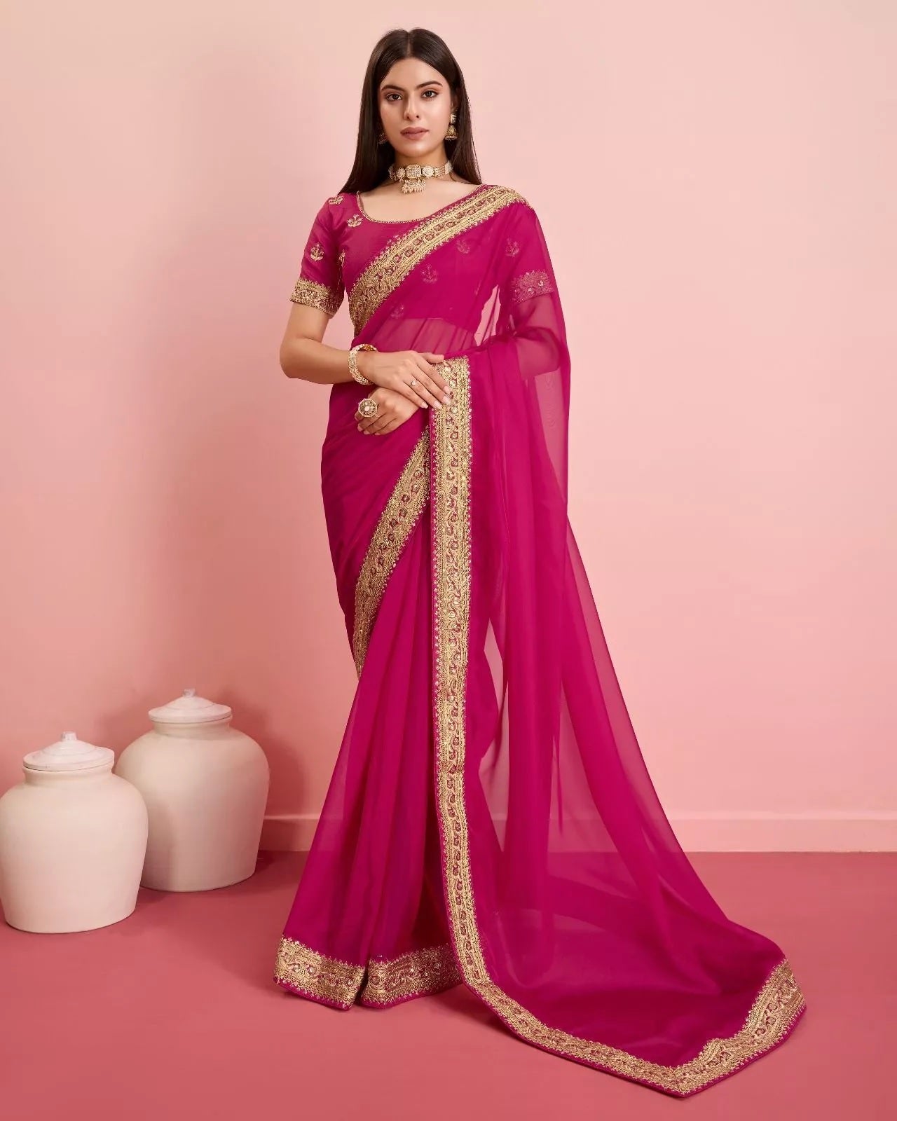 Tabby Silk Organza With Embroidery Lace Work Sari &  Blouse