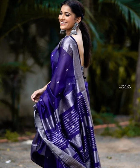Blue Banarasi Soft Silk Saree, Traditional Wear Sari & Blouse