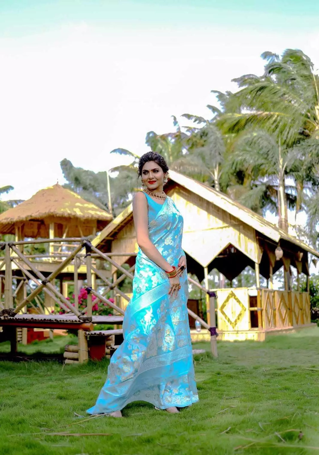 Soft Cotton Jamdani With Gold Zari Weaving Work  Sari & Blouse