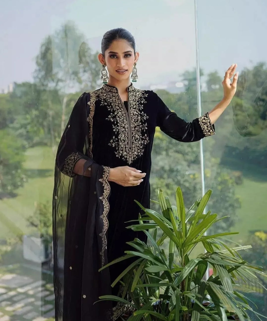 Velvet Fabric Sequence Work Top & Pant Dupatta