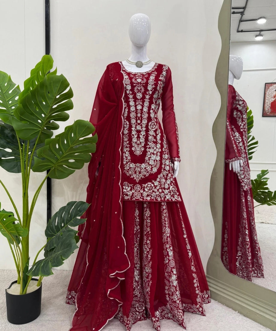 Full Stitched Faux Georgette Top Palazzo Dupatta