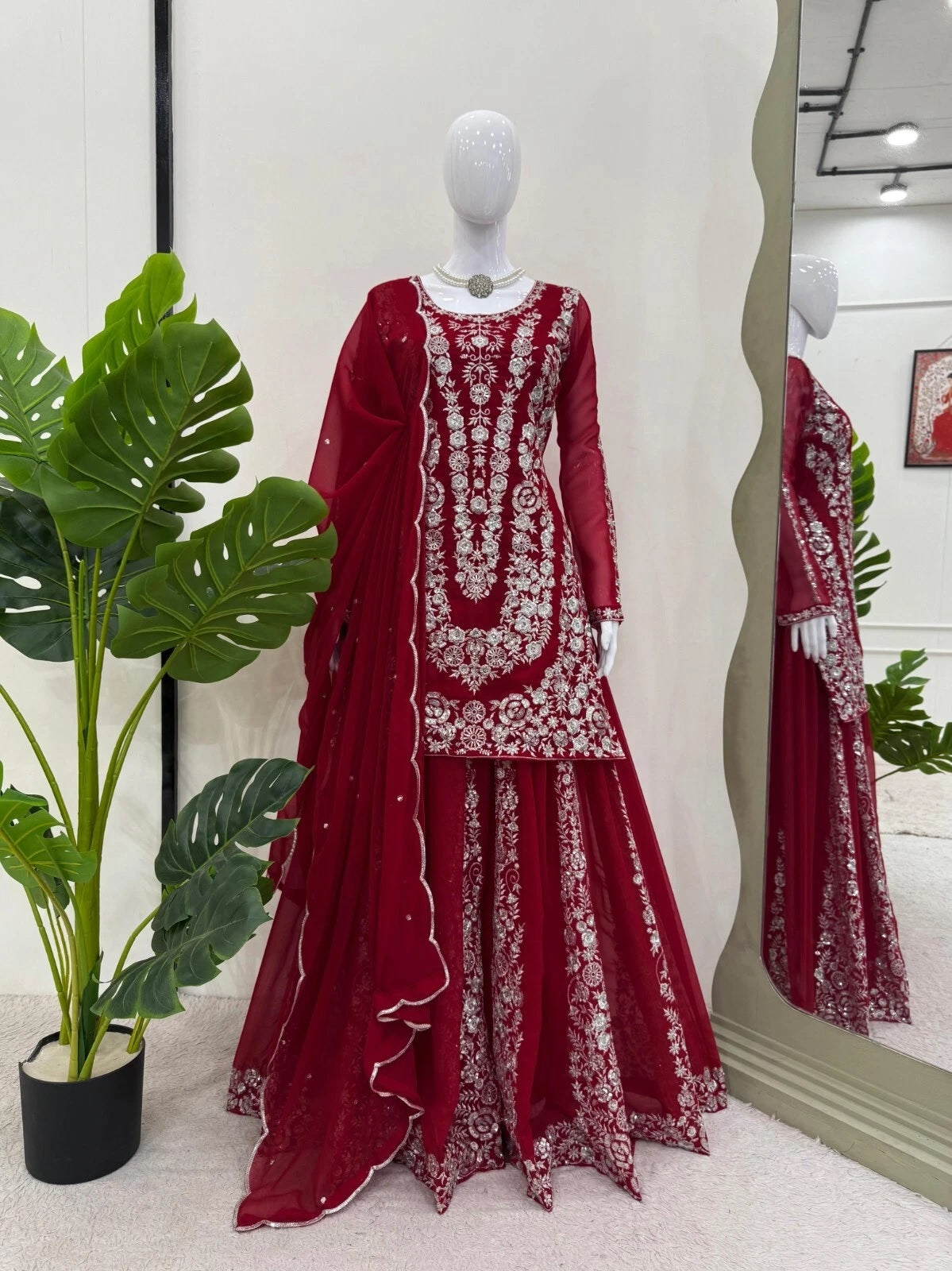 Full Stitched Faux Georgette Top Palazzo Dupatta