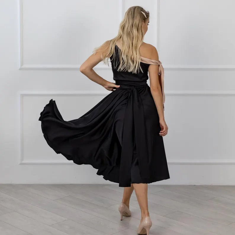 Satin Black Bridesmaid Dress - One Shoulder Satin Dress
