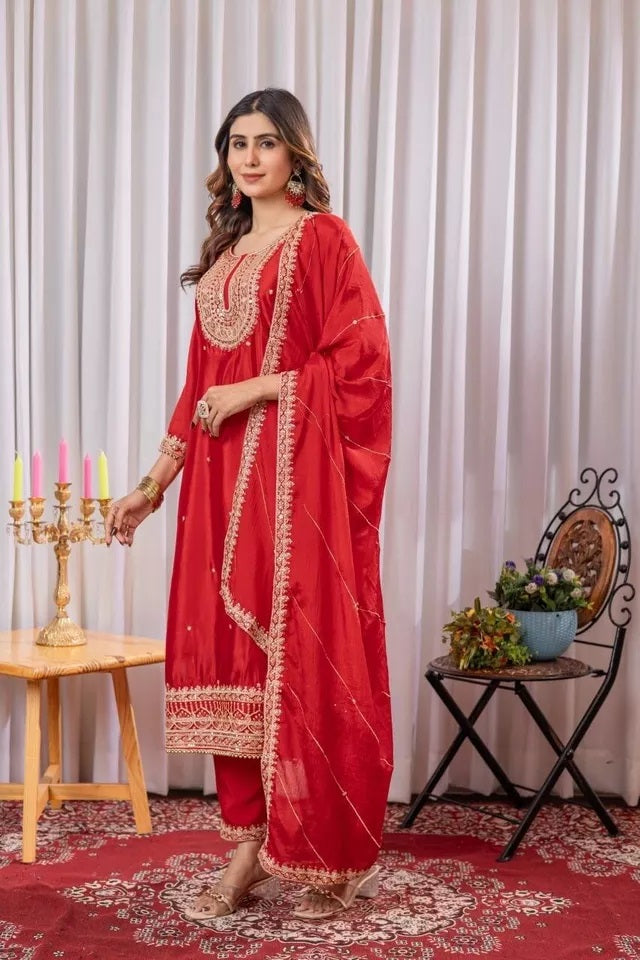 Heavy Pure Chinon Classic Stitched Kurti Bottom & Dupatta