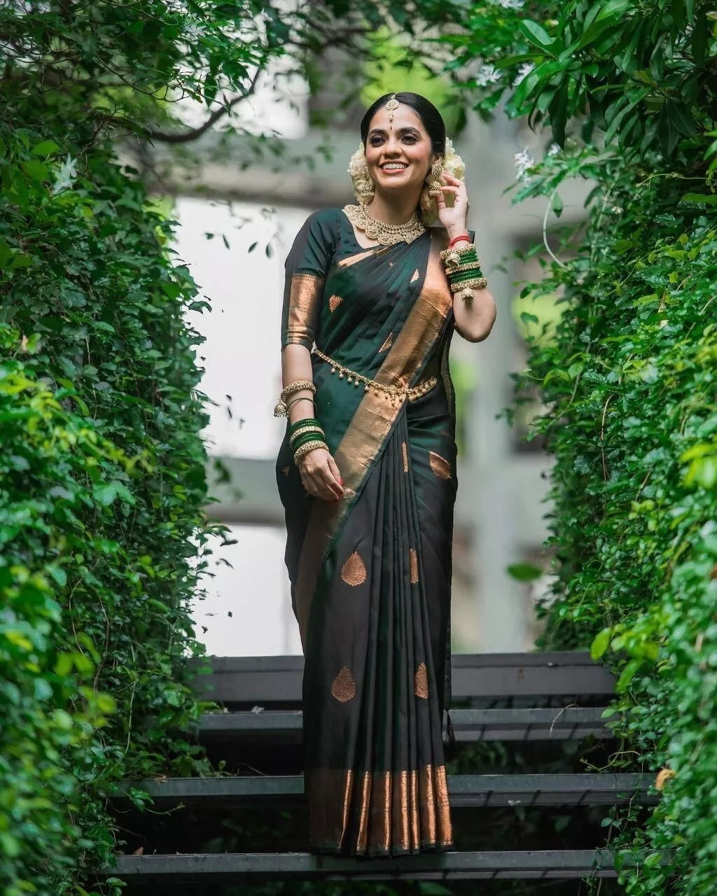 Dark Green Soft Lichi Silk Indian Beautiful Saree Blouse