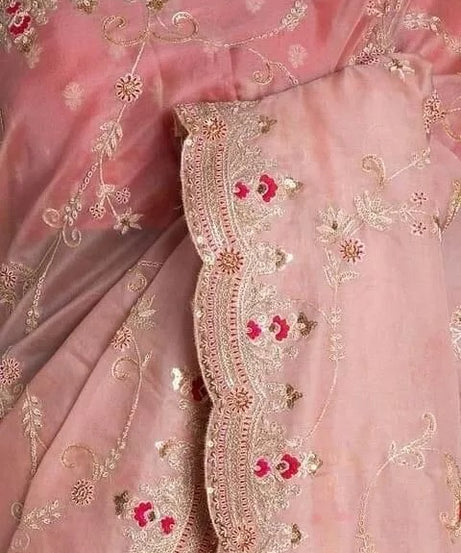 Heavy Satin Silk Fabric With Embroidery Thread Work Saree & Blouse