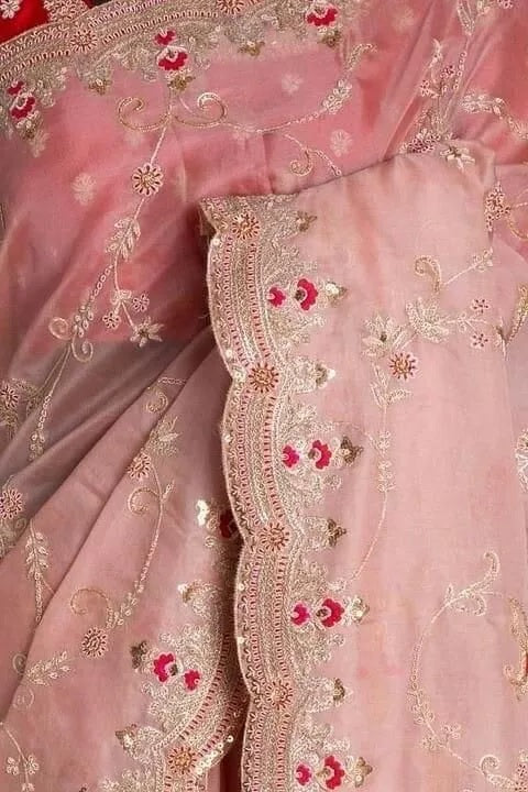 Heavy Satin Silk Fabric With Embroidery Thread Work Saree & Blouse