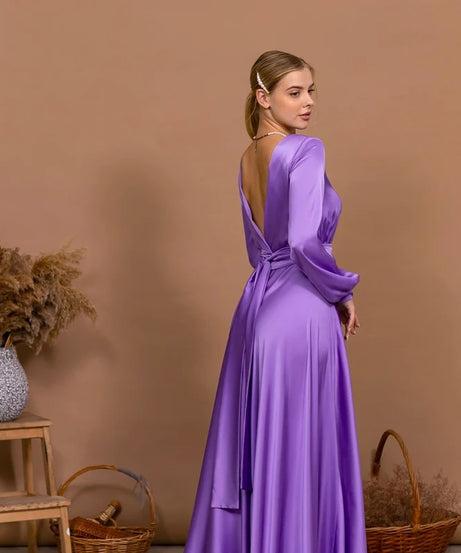 Purple Wedding Guest Dress Open Back Dress Long Slit Dress