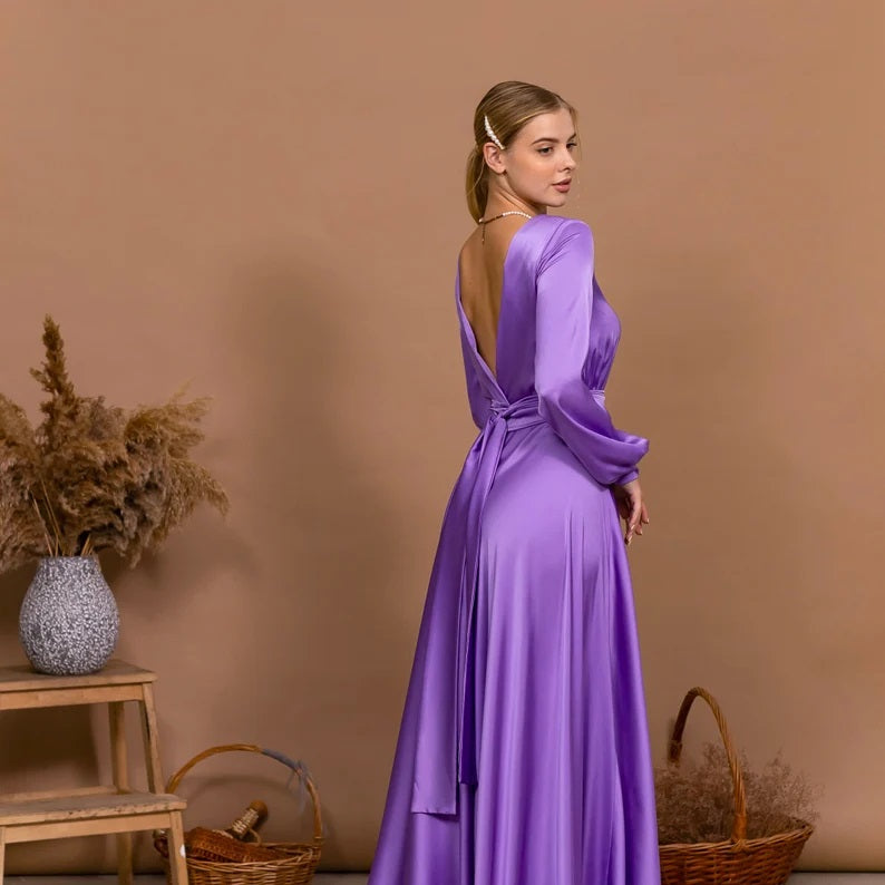 Purple Wedding Guest Dress Open Back Dress Long Slit Dress