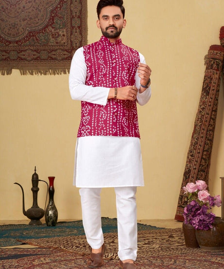 Men's Pure Cotton Bandhni Print Kurta Pajama Set