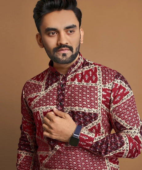 Men's Soft Cotton Foil Print Designer Kurta Pajama Set