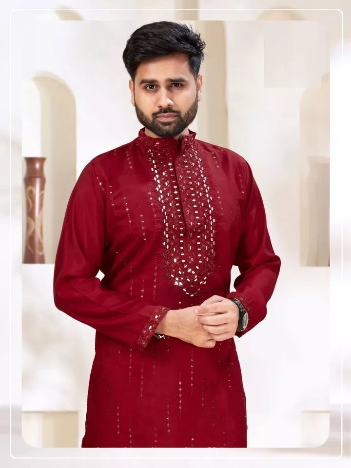 Classic Beautiful Exclusive Stitched 14 Kg Roman Silk Kurta Pajama For Mens