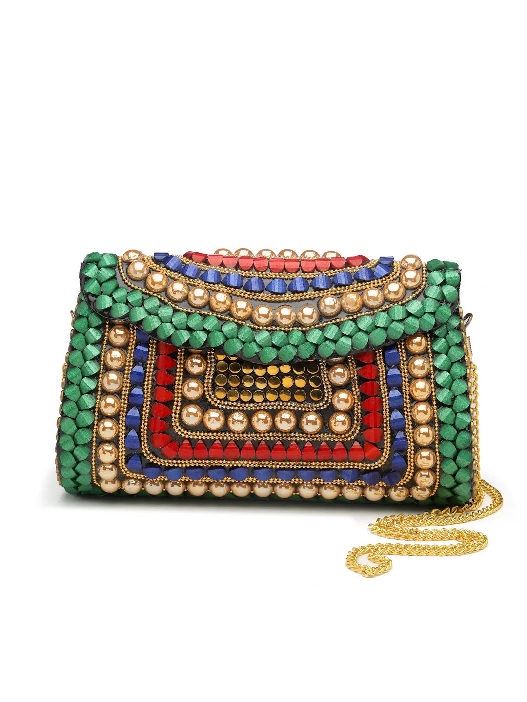 Mosaic Stone Work Embellished Metal Clutch