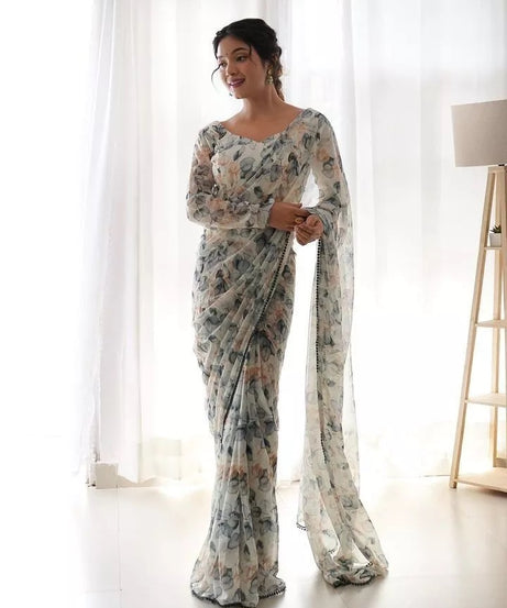 Premium Georgette With Fancy Lace Border Work Read To Wear Sari With Blouse
