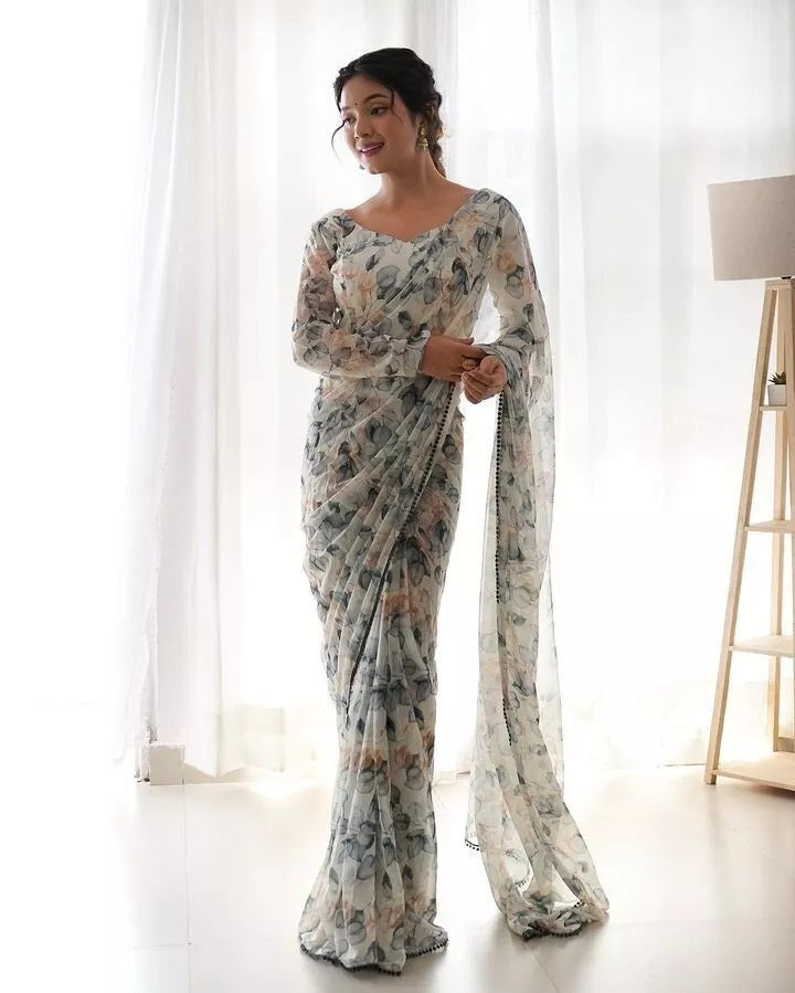 Premium Georgette With Fancy Lace Border Work Read To Wear Sari With Blouse