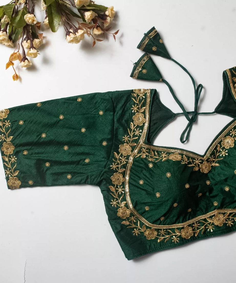 Wedding Exclusive Full Stitched Olive Silk Blouse & Choli