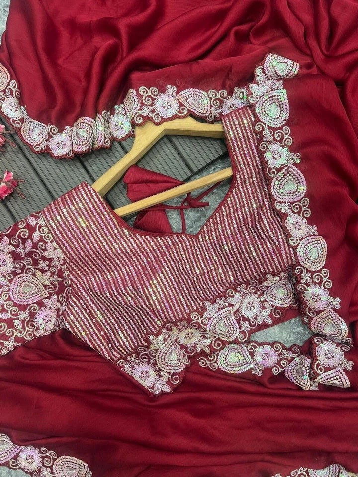 Soft Rangoli Silk With Embroidery,Sequence Work Wedding Party Wear Saree With Blouse11-KK