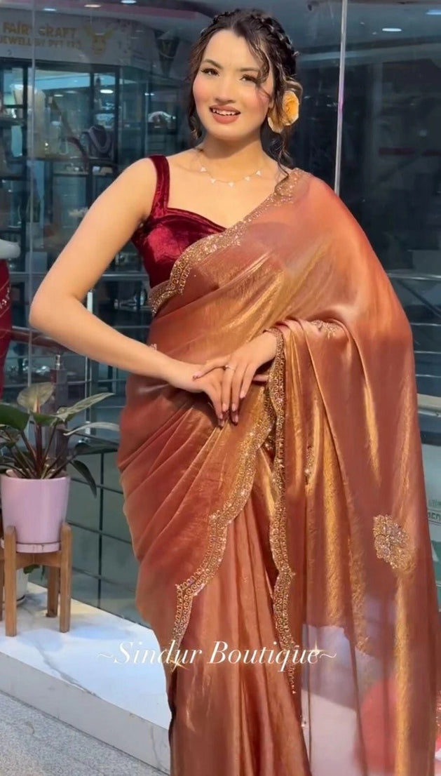 Heavy Soft Fandy Sattin Silk Saree, Siroski Work Sari With Blouse