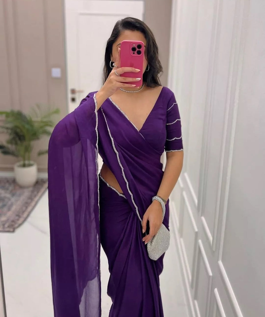 Soft Rich Elegant Chinon With Stone Bead Work Saree & Blouse