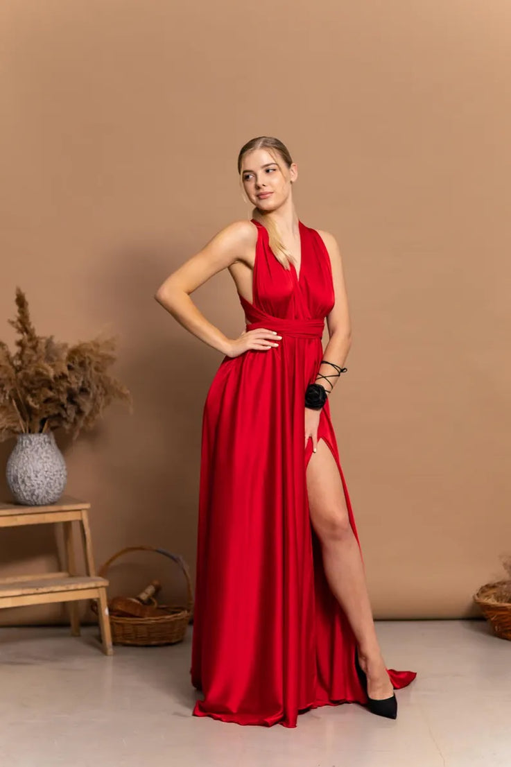 Flowy Red Dance Dress Low Back Evening Gown Sleeveless Satin Flowy Dress