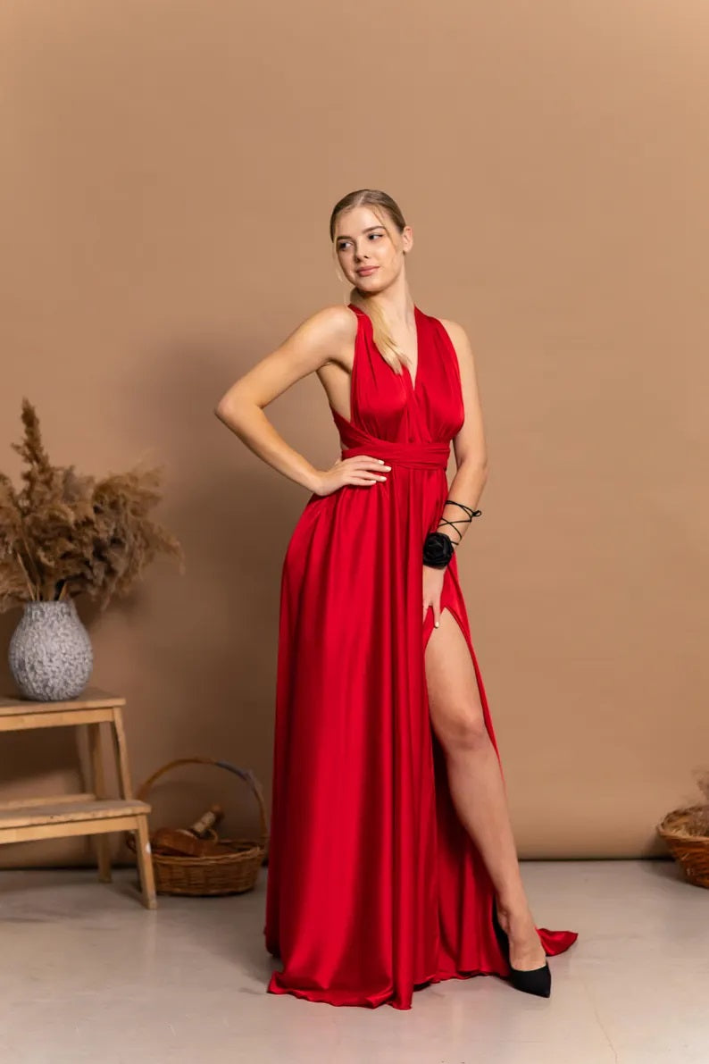 Flowy Red Dance Dress Low Back Evening Gown Sleeveless Satin Flowy Dress