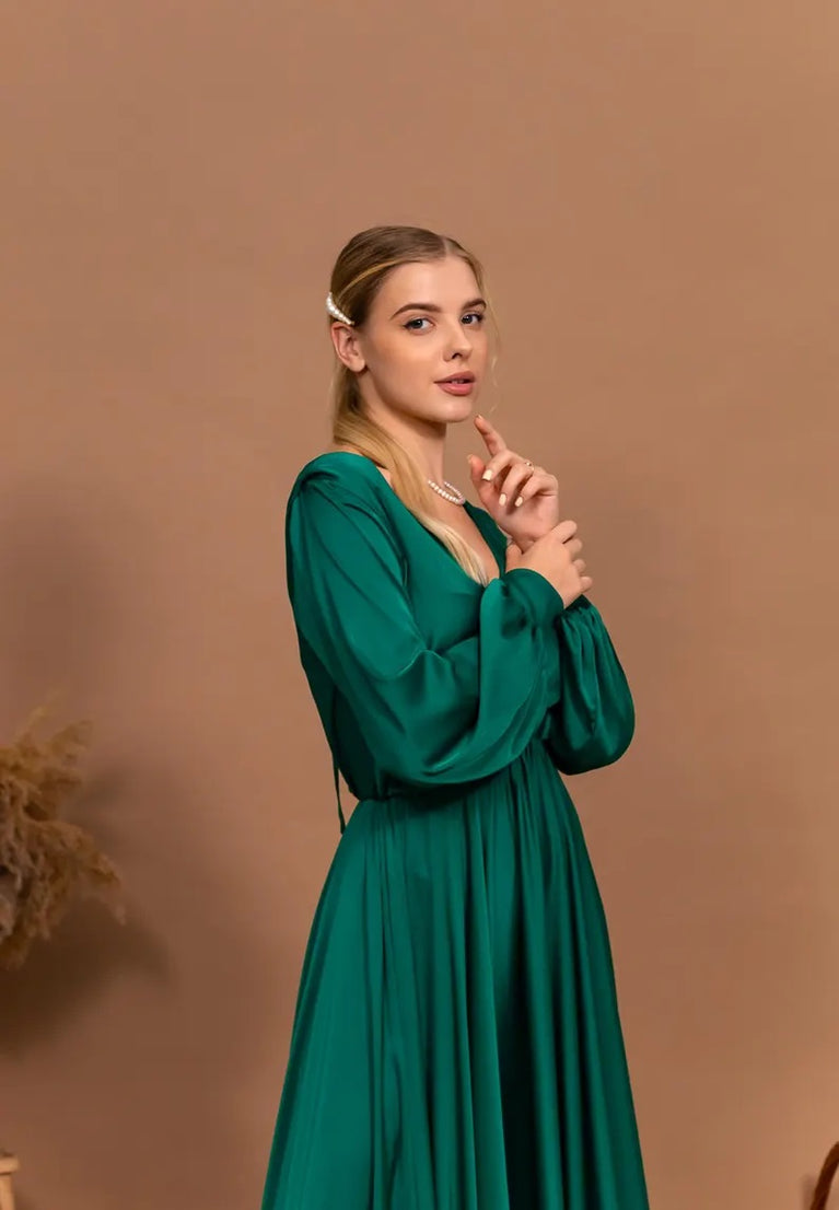 Satin Open Back Dress Emerald Green Evening Dress