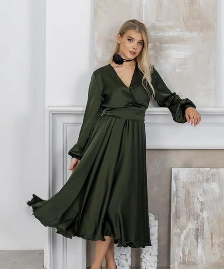 Olive Green Bridesmaid Dress V-Neck Satin Dress