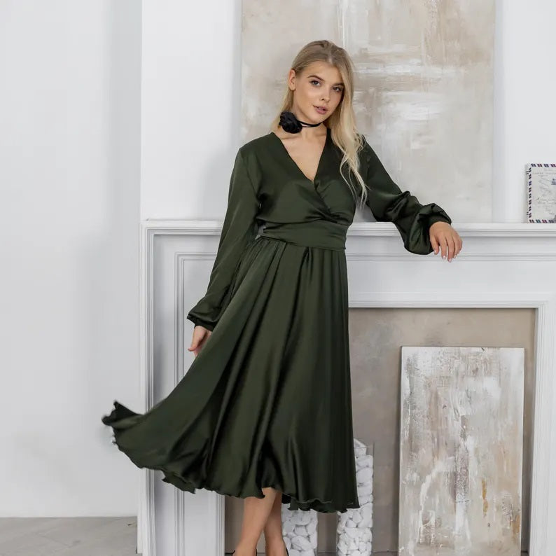 Olive Green Bridesmaid Dress V-Neck Satin Dress