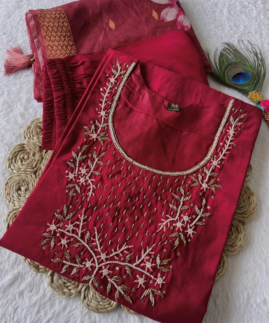 Premium Roman Silk Designers Kurti Pent Dupatta Set