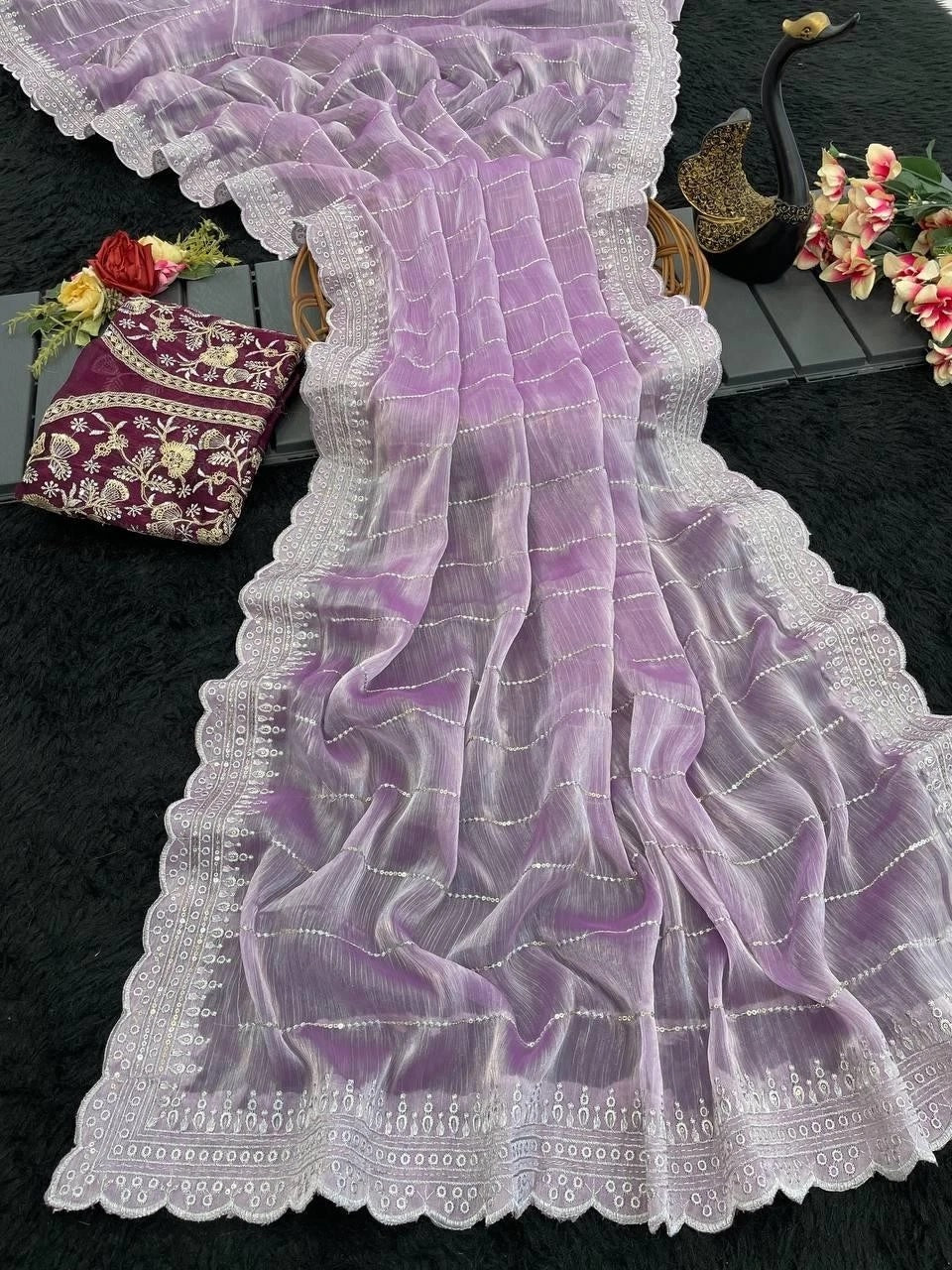 Soft Burburry With Beautiful Sequence Work Sari With Blouse