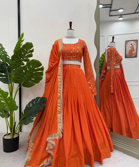 Orange Bollywood Wedding American Silk Lehenga Blouse & Dupatta 15-RTC
