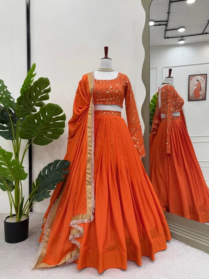 Orange Bollywood Wedding American Silk Lehenga Blouse & Dupatta 15-RTC