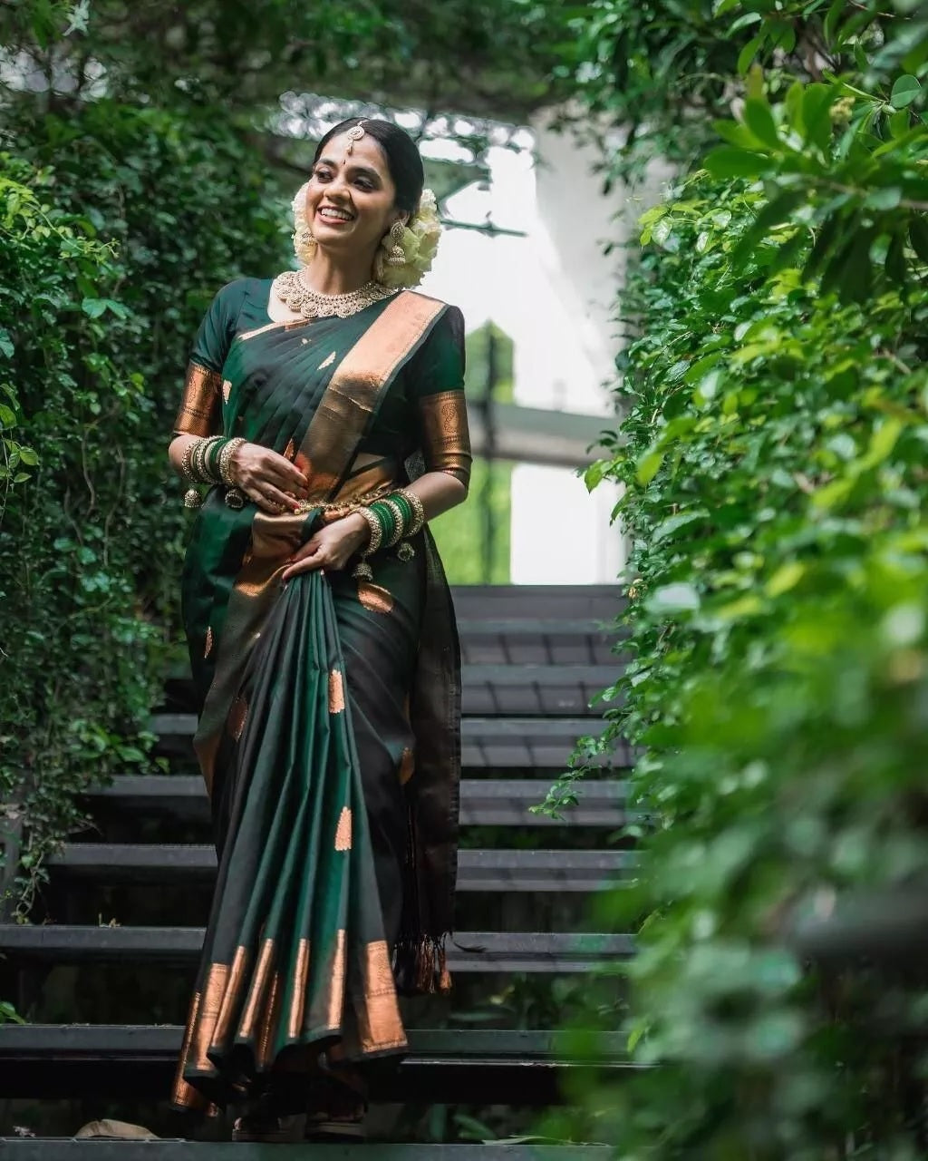 Dark Green Soft Lichi Silk Indian Beautiful Saree Blouse