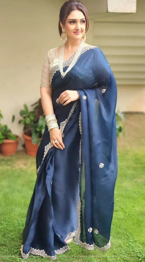 Georgette Saree With Stitched Blouse,Wedding Style Sari & Blouse
