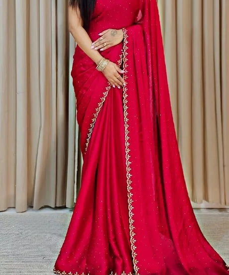 Traditional Wedding Pure Soft Satin Chiffon Saree,Stylish Sari And Blouse