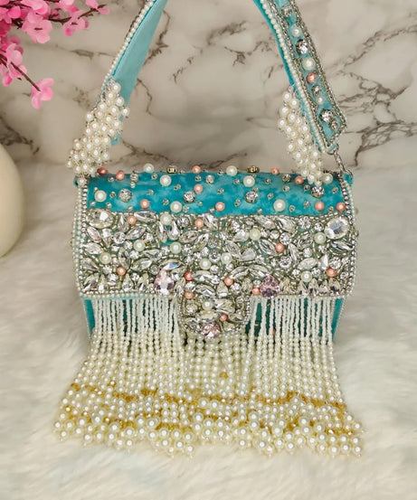 Designer Crystal and Pearl Work Flap Clutch