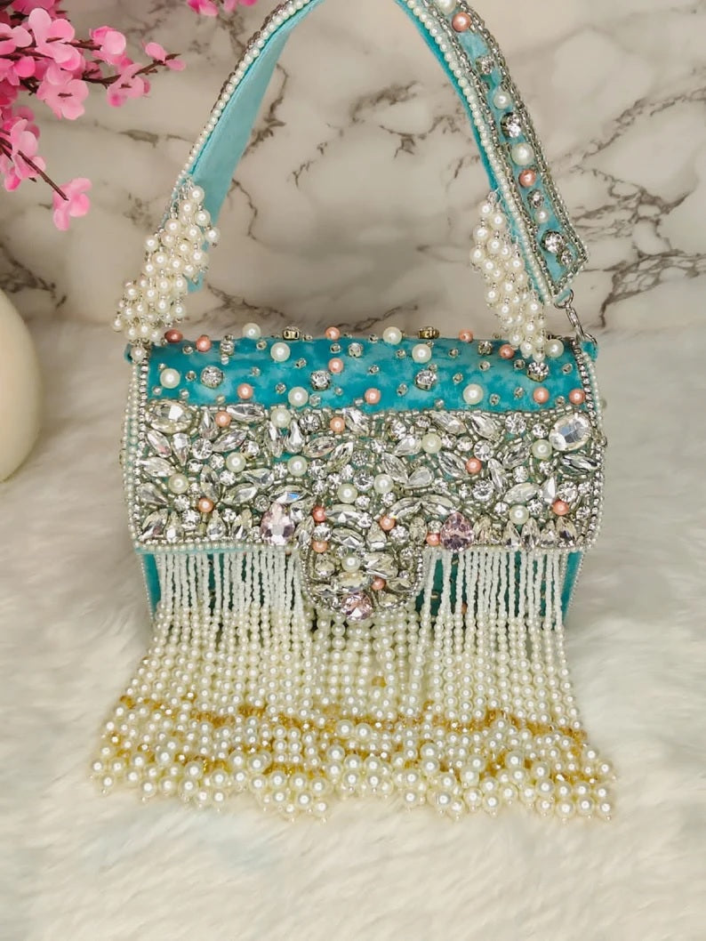 Designer Crystal and Pearl Work Flap Clutch