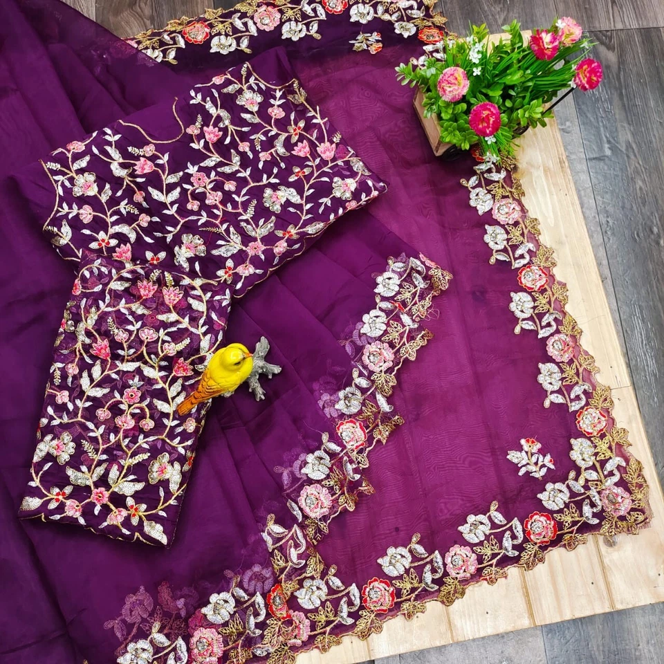Organza Silk,Sequince & Zari Thread Designer Party Wear Saree & Blouse 11-RV