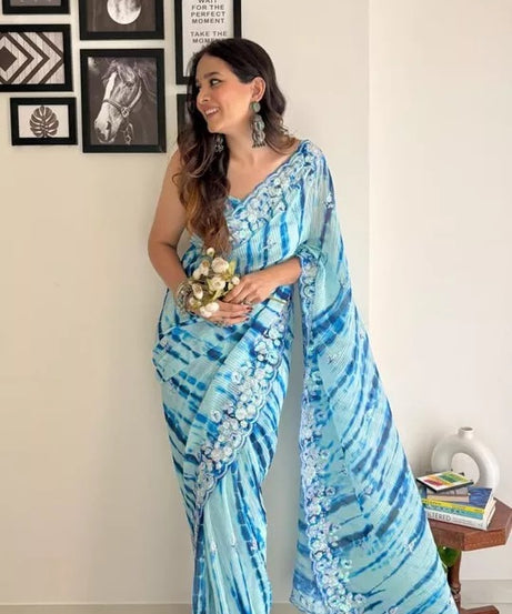 Traditional Soft Crush Multi Color Print Georgette Saree And Blouse