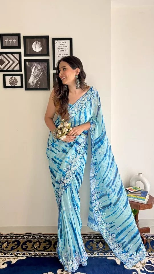 Traditional Soft Crush Multi Color Print Georgette Saree And Blouse