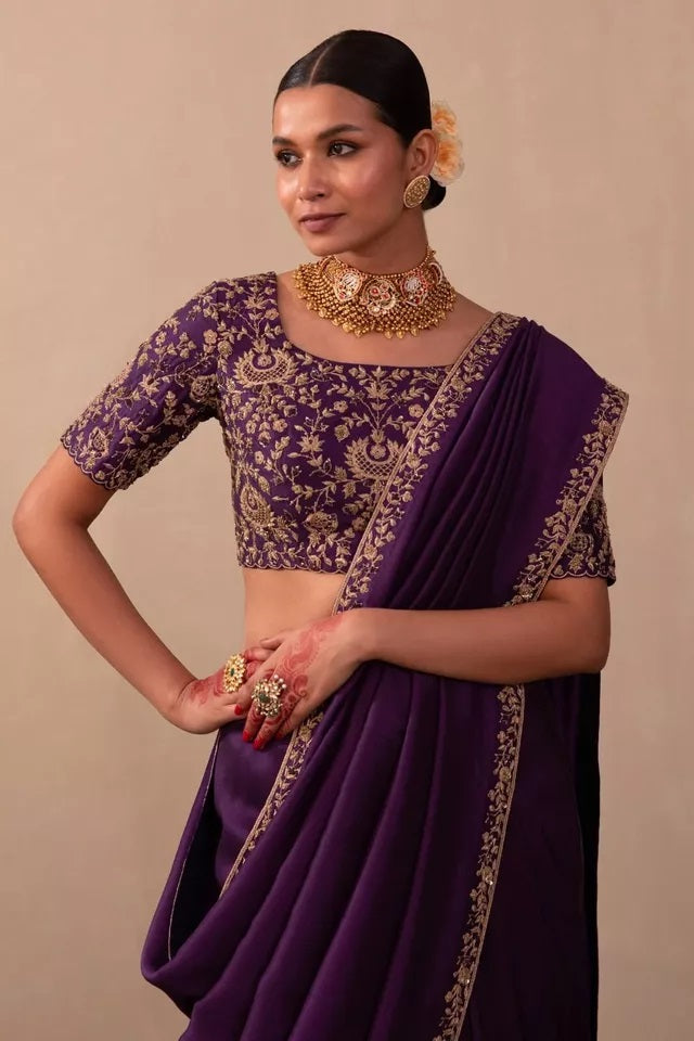 Two Tone Vichitra Silk  Multi Thread Embroidery Work Saree With Blouse