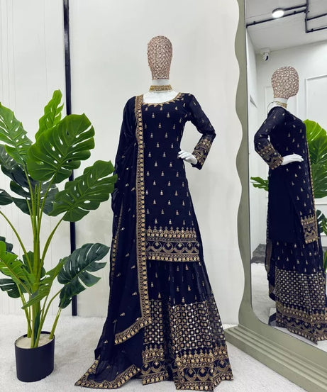 Faux Georgette With Thread & 9MM Sequence Work Top Palazzo & Duppata