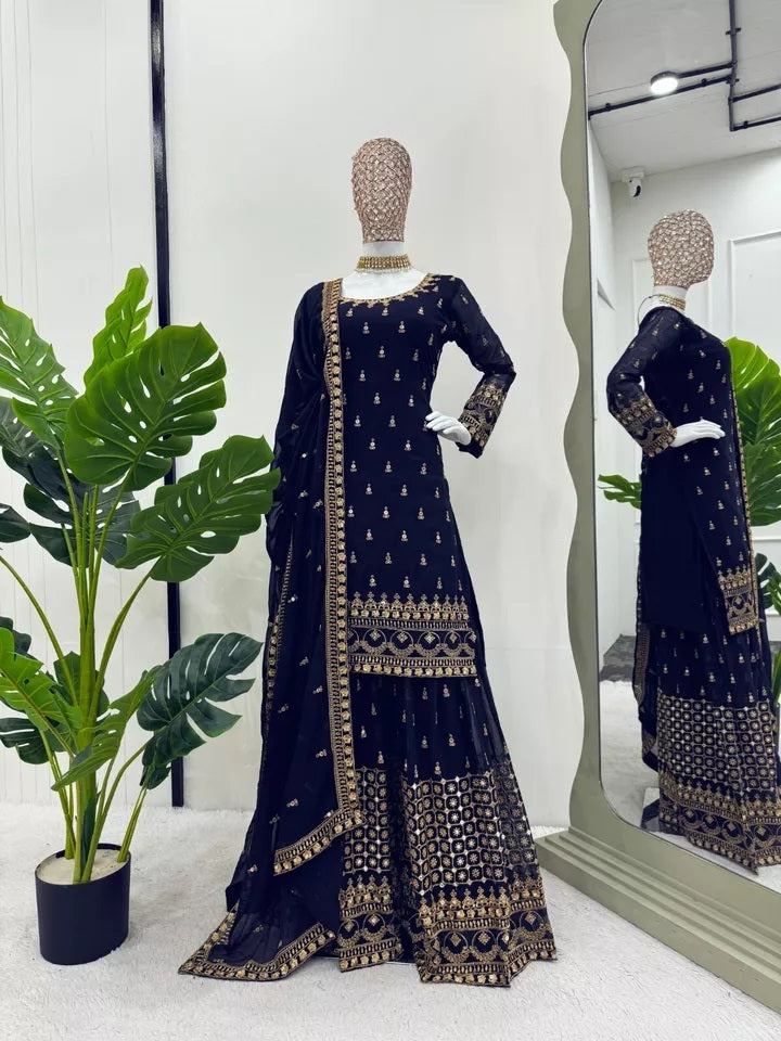 Faux Georgette With Thread & 9MM Sequence Work Top Palazzo & Duppata