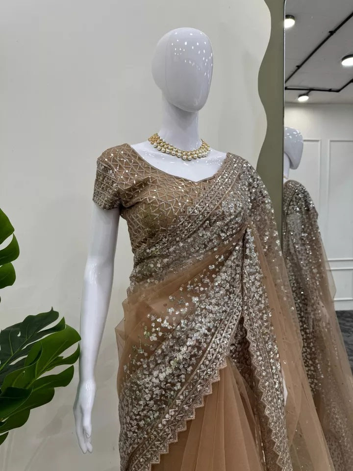 beautiful Wedding Soft Net Sequence Work Saree,Party Function Wear Sari & Blouse