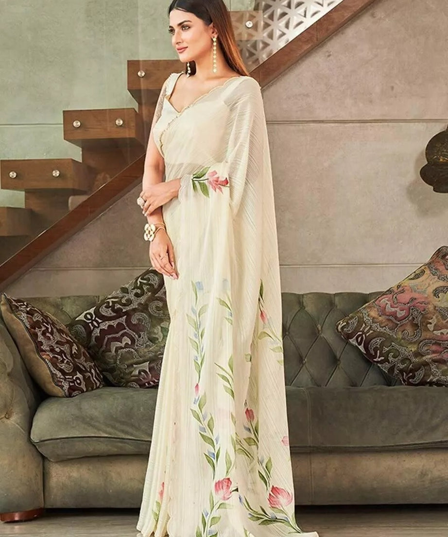 Indian Ethnic Wear Moss Chiffon Saree With Blouse, Traditional Sari